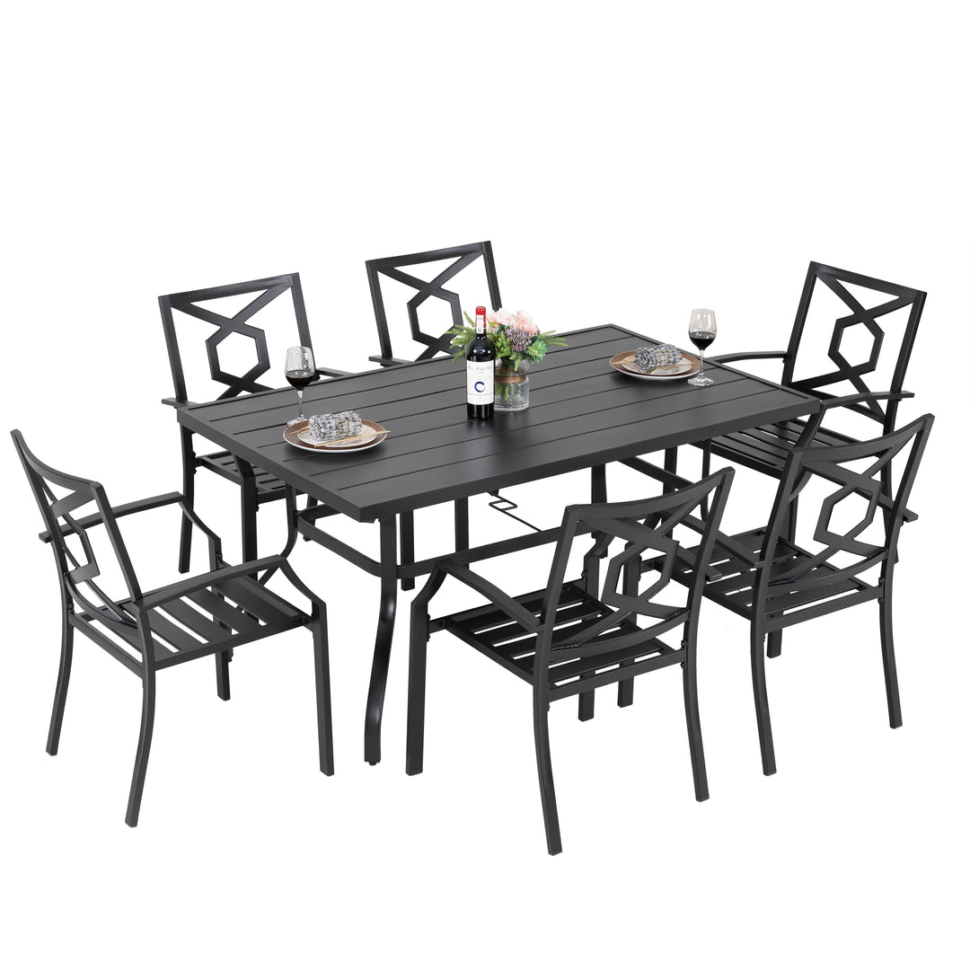 7 Piece Metal Patio Dining Set Wrought Iron Patio Furniture, 6 Stackable Patio Chairs and Rectangle Patio Dining Table with 1.57 Inch Umbrella Hole