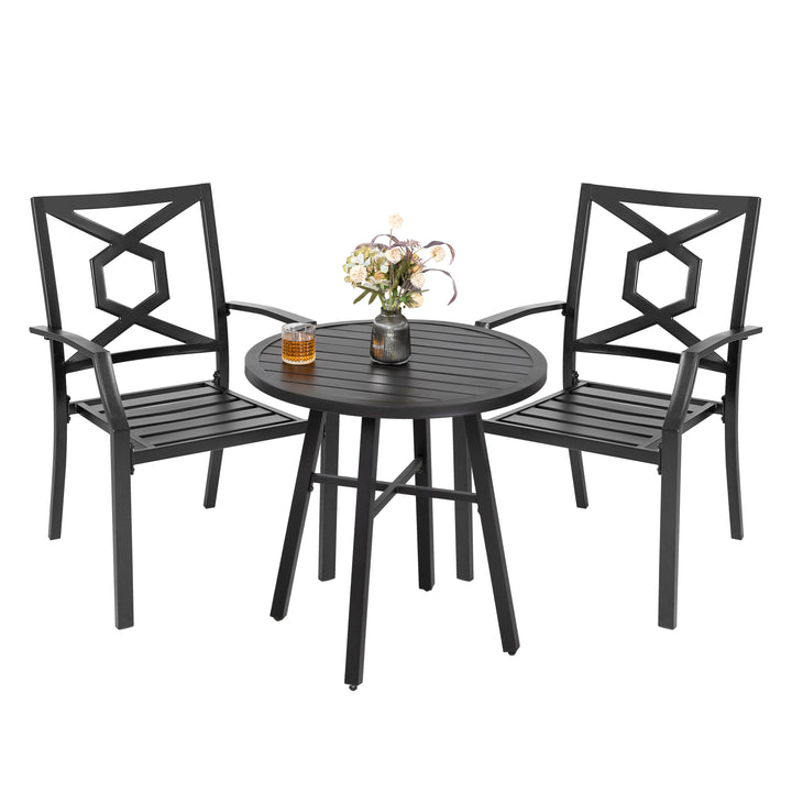 3 Pieces Patio Bistro Set, Iron Outdoor Bistro Set with 2 Patio Dining Chairs and 1 Round Slatted Patio Table, Outdoor Furniture Set for Porch, Backyard