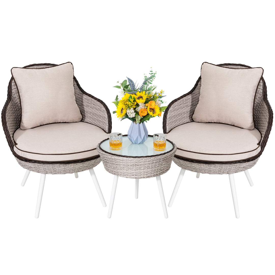 3 Piece Patio Conversation Furniture Set, Iron and Rattan Chairs and Coffee Table with Glass Tabletop for Balcony, White and Begie