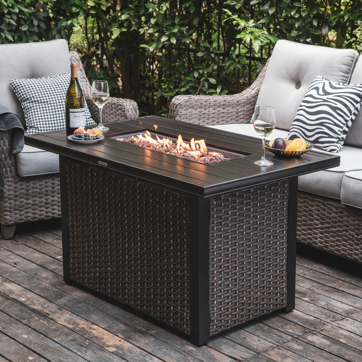 Outdoor 44 Inch 50,000 BTU Propane Gas Rattan Fire Pit Table, Aluminum Top