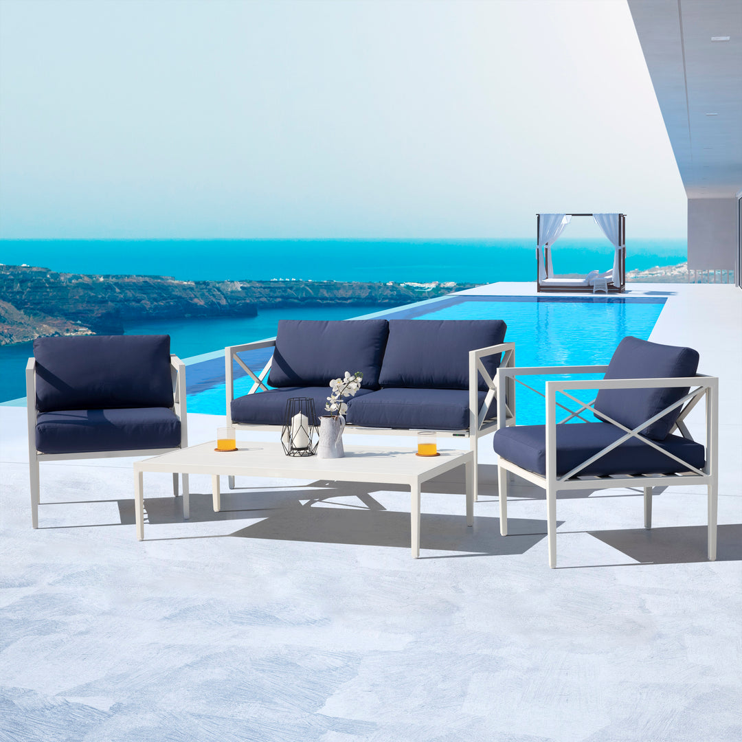 4 Pieces Outdoor Conversation Set Aluminum Sofa Set with Blue Removeble Cushion