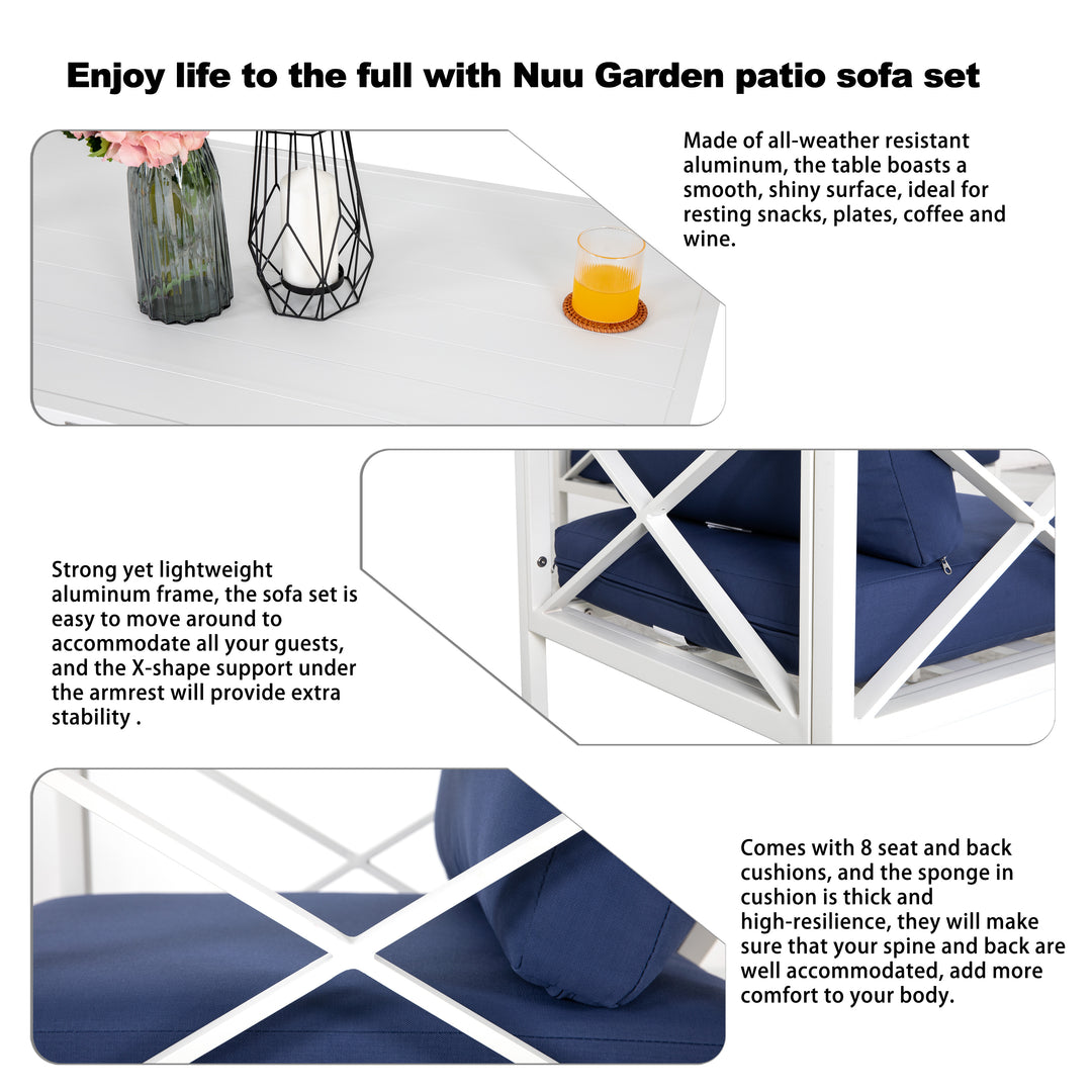 4 Pieces Outdoor Conversation Set Aluminum Sofa Set with Blue Removeble Cushion