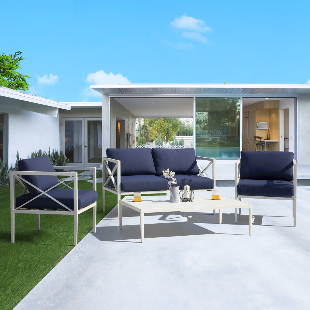 4 Pieces Outdoor Conversation Set Aluminum Sofa Set with Blue Removeble Cushion