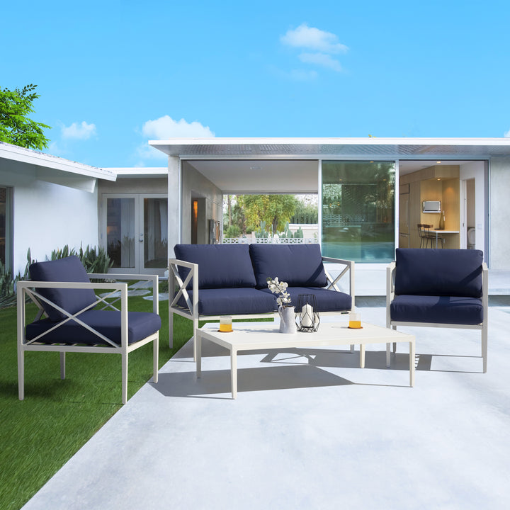 4 Pieces Outdoor Conversation Set Aluminum Sofa Set with Blue Removeble Cushion