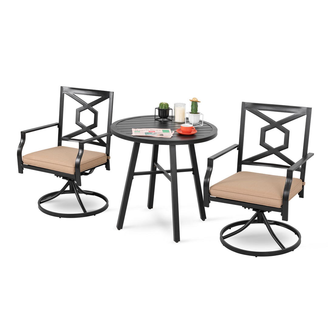 3 Pieces Swivel Patio Chairs Set, 360 Degree Rotation Metal Patio Bistro Set with Coffee Tea Table, Outdoor Rocker Chair with Cushions for Garden, Backyard, Bistro