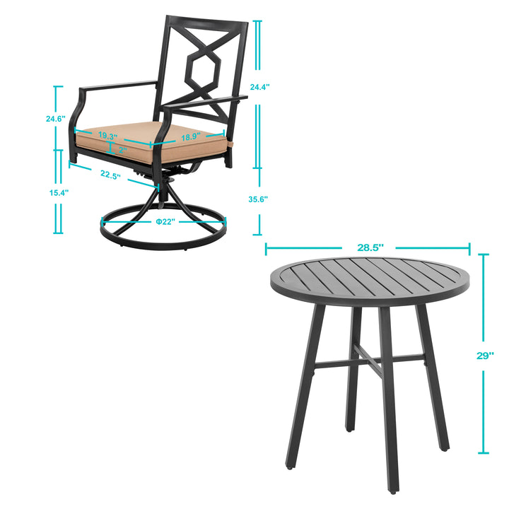 3 Pieces Swivel Patio Chairs Set, 360 Degree Rotation Metal Patio Bistro Set with Coffee Tea Table, Outdoor Rocker Chair with Cushions for Garden, Backyard, Bistro