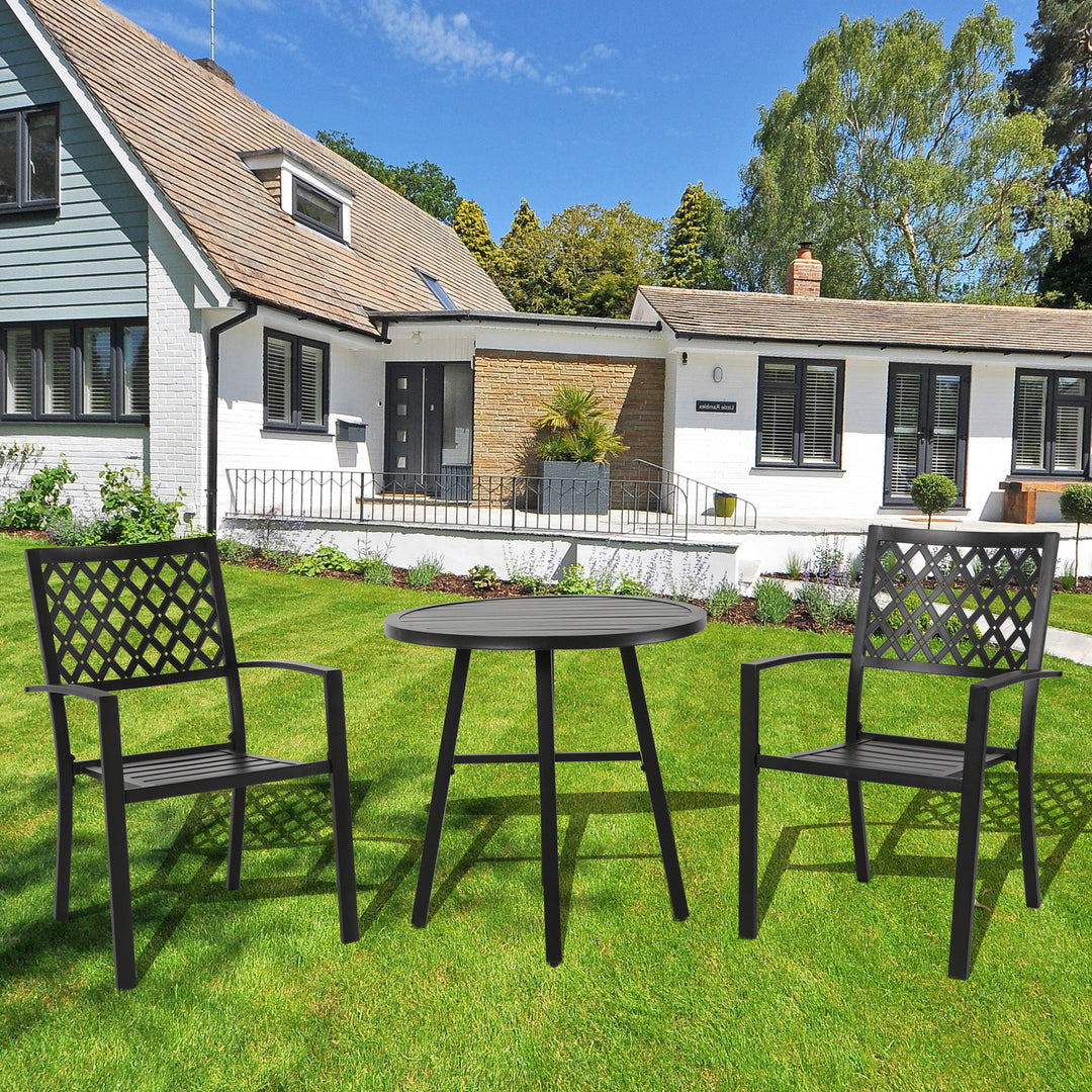 3 Piece Patio Bistro Set, Metal Frame Outdoor Bistro Set with 2 Patio Dining Chairs and 1 Round Slatted Patio Table, Outdoor Furniture Set for Porch, Deck, Black