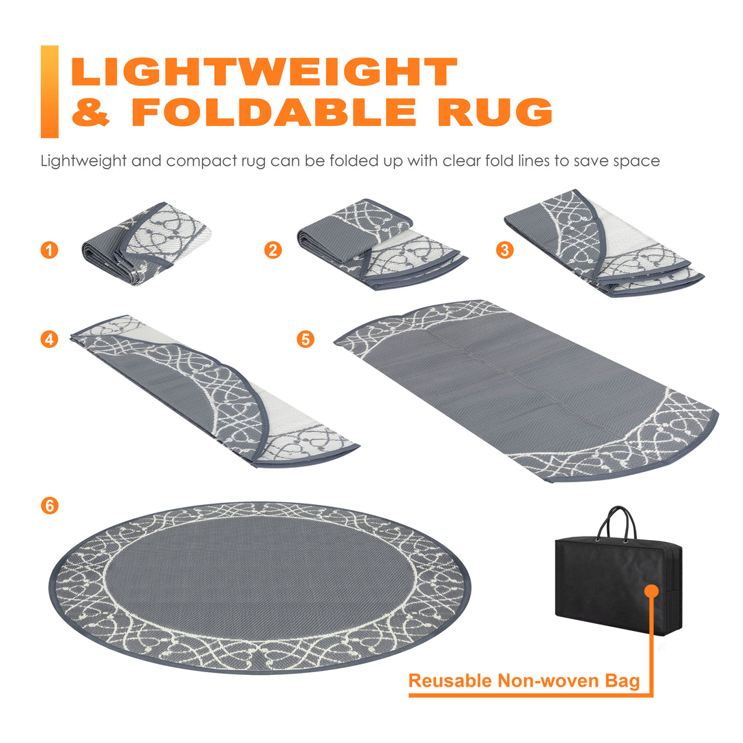 Outdoor Reversible Rug, 5' x 5' Plastic Straw Rug Mat for Decoration and Clearance Indoors & Outdoors, Patio, Deck, Garden, Backyard, Balcony, Beach, Picnic, Camping, RV