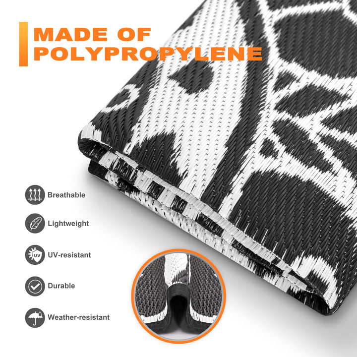 Outdoor Reversible Rug, 5' x 5' Plastic Straw Rug Mat for Decoration and Clearance Indoors & Outdoors, Patio, Deck, Garden, Backyard, Balcony, Picnic, Camping, RV, Black & White