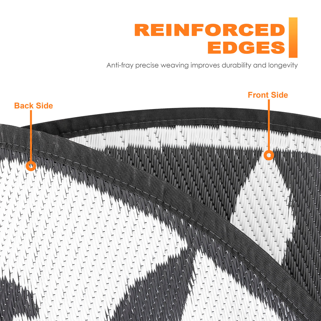 Outdoor Reversible Rug, 5' x 5' Plastic Straw Rug Mat for Decoration and Clearance Indoors & Outdoors, Patio, Deck, Garden, Backyard, Balcony, Picnic, Camping, RV, Black & White