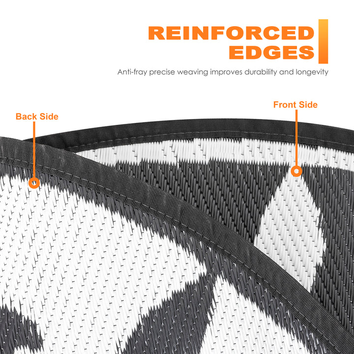 Outdoor Reversible Rug, 5' x 5' Plastic Straw Rug Mat for Decoration and Clearance Indoors & Outdoors, Patio, Deck, Garden, Backyard, Balcony, Picnic, Camping, RV, Black & White