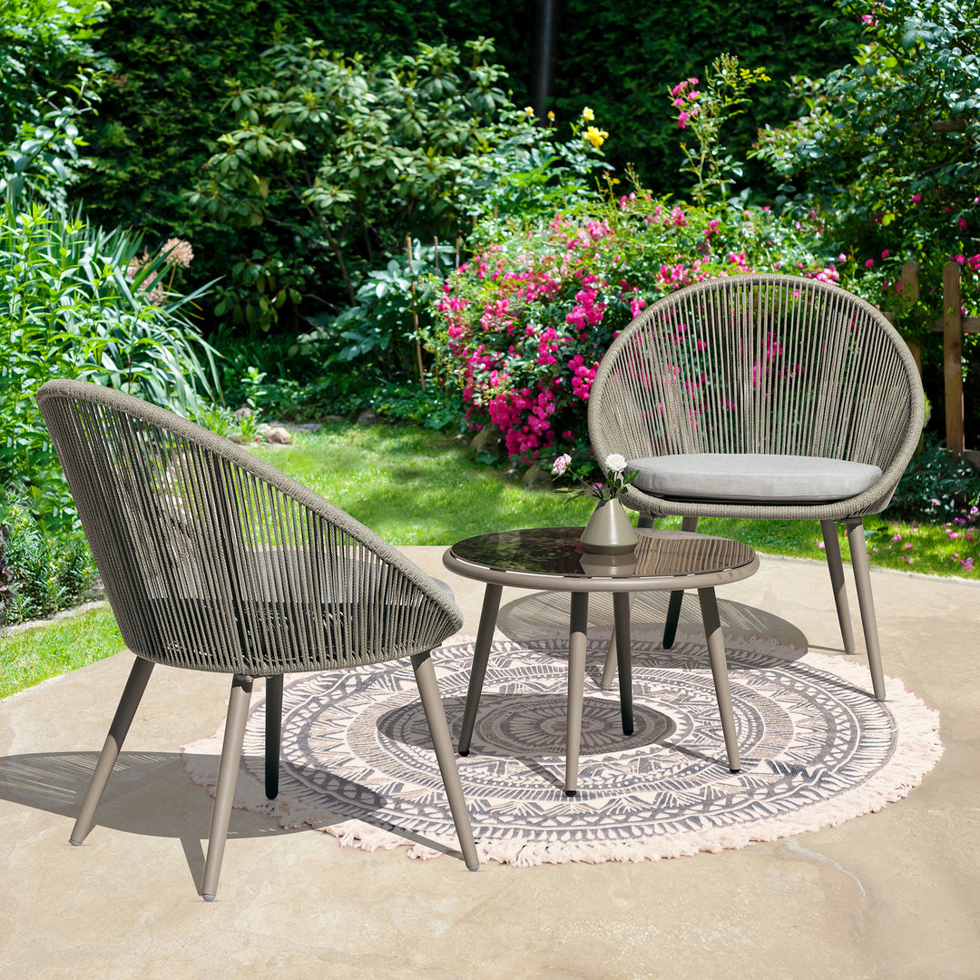 3 Pieces Patio Table Set Outdoor All Weather Woven Rope Patio Conversation Bistro Set with Cushions, Patio Furniture Sets for Balcony, Garden, Balcony, Deck, Backyard