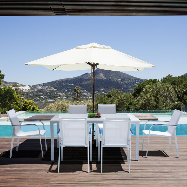 7 Pieces Aluminum Dining Chairs and Larger Square Table Set, 63 Inch Rectangle Table and 6 Backyard Garden Chairs