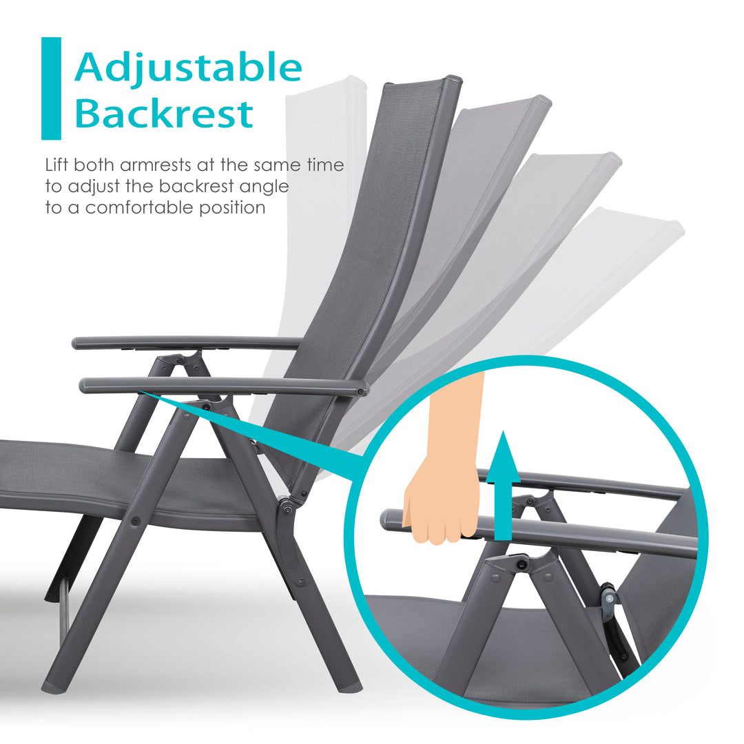 Outdoor Patio Folding Chaise Lounge Chair with 6-Position Adjustable Backrest and Breathable Textile Fabric, Beach, Yard, Pool, Lawn, Gray