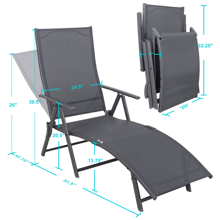 Outdoor Patio Folding Chaise Lounge Chair with 6-Position Adjustable Backrest and Breathable Textile Fabric, Beach, Yard, Pool, Lawn, Gray