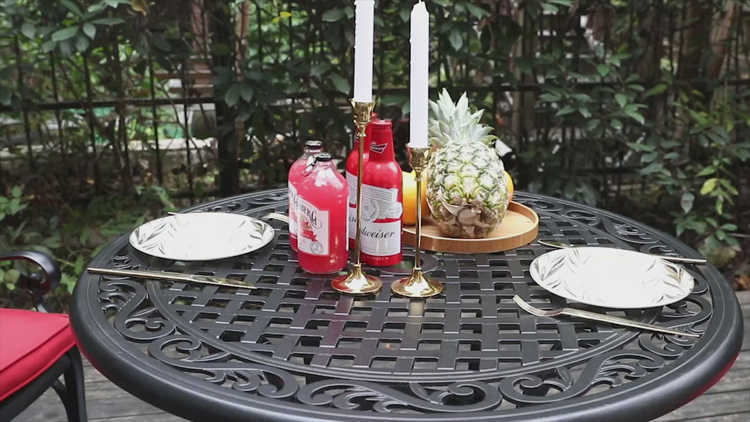 Outdoor 31'' Round Cast Aluminum Dining Table with 1.96 inch Umbrella Hole, for Outdoor and Indoor Space, Black with Gold-painted Edge