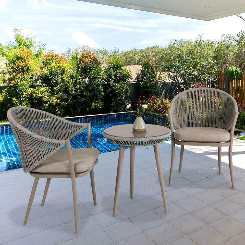 3 Pieces Aluminum Patio Bistro Conversation Set Unique Rope Outdoor Garden Furniture Table and Chair Set with Coffee Cushions