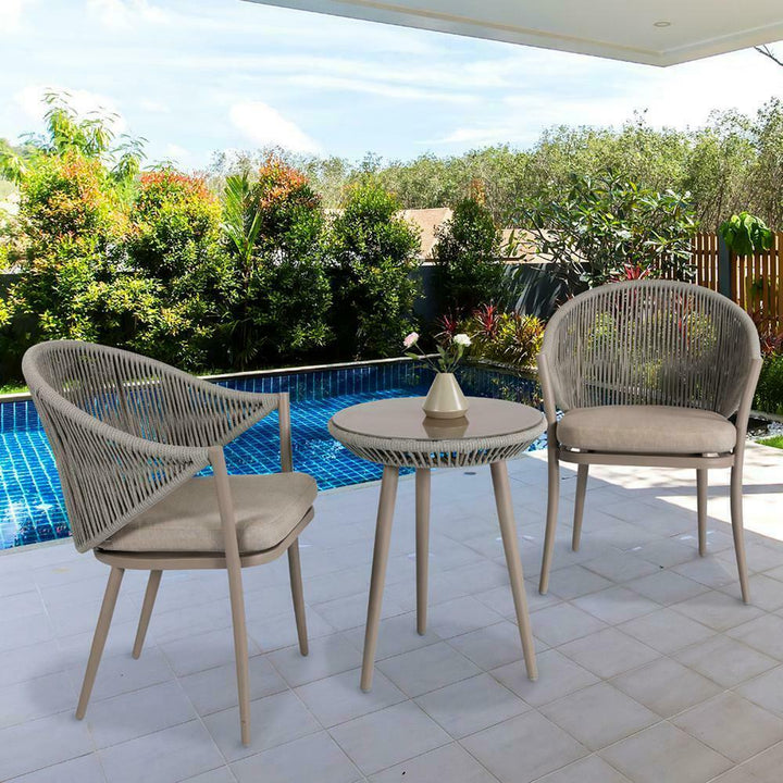 3 Pieces Aluminum Patio Bistro Conversation Set Unique Rope Outdoor Garden Furniture Table and Chair Set with Coffee Cushions