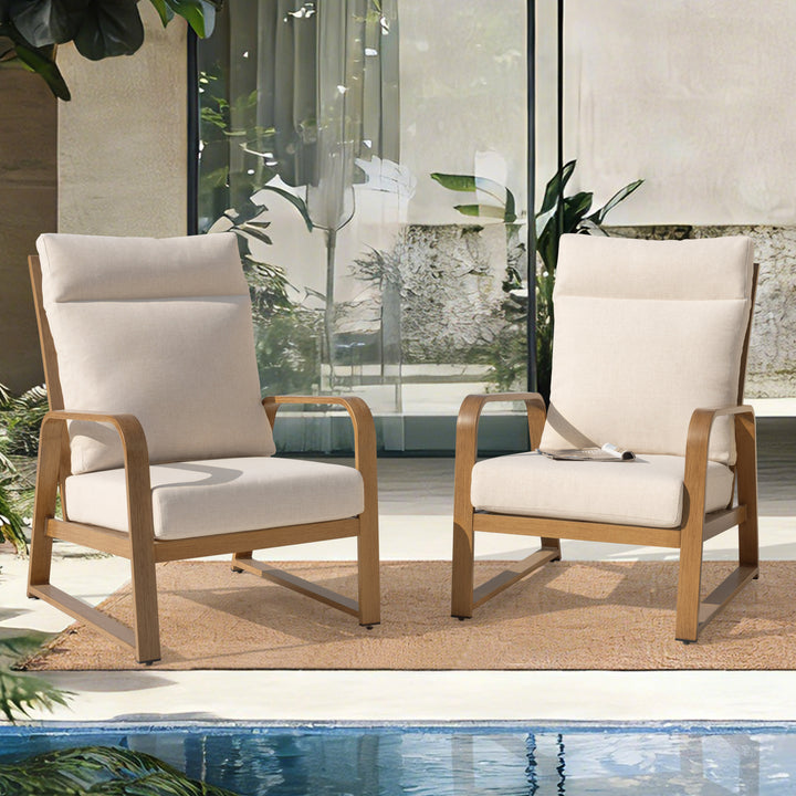 Patio Time Wood-Grain Aluminum High Back Patio Chair with Cushions Set of 2