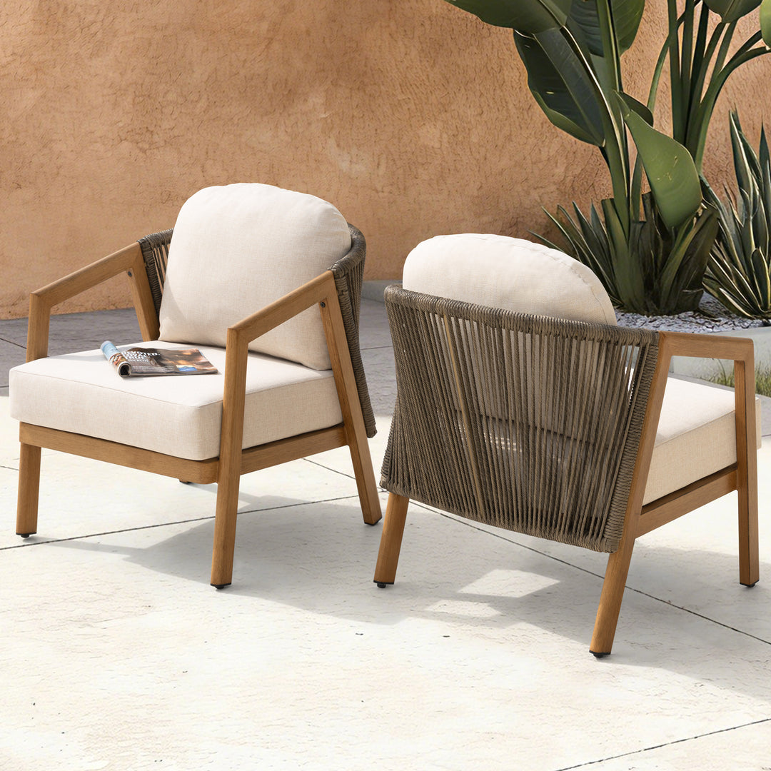 Patio Time Wood-Grain Aluminum & Wicker Patio Chairs with Cushions Set of 2
