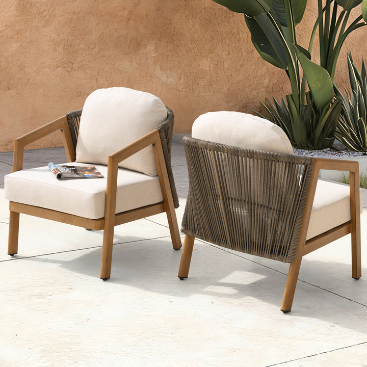 Patio Time Wood-Grain Aluminum & Wicker Patio Chairs with Cushions Set of 2