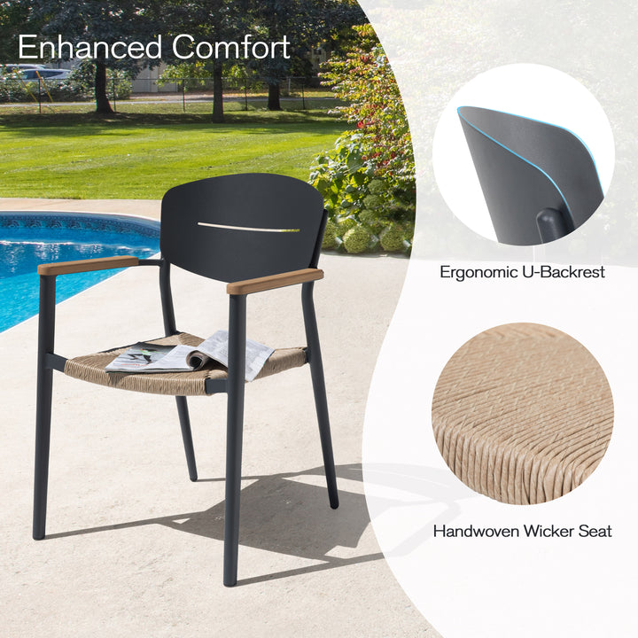 Outdoor 4-Piece Dining Chair Set, Aluminum and Wicker, with Stackable Design