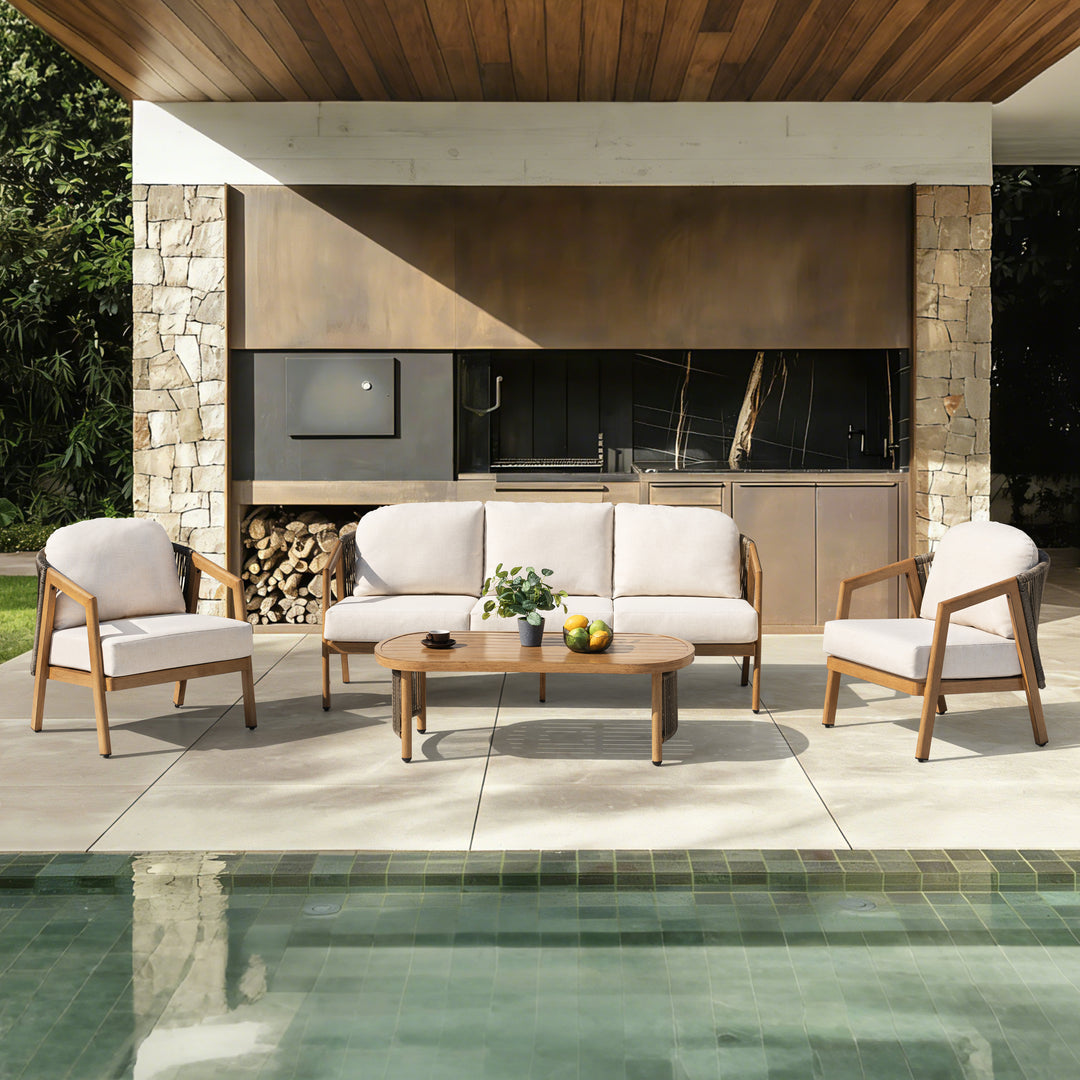 Patio Time 4-Piece Wood-Grain Aluminum & Wicker Conversation Furniture Set