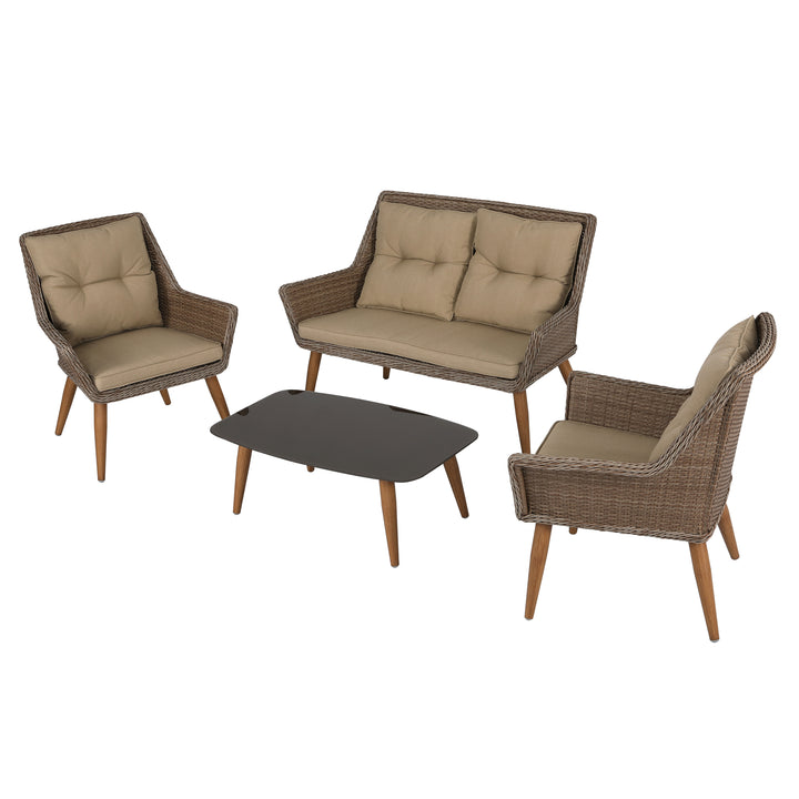 Outdoor 4-Piece Wicker Sofa Set, Brown Table and Wide Wicker Sofas with Brown Cushions, Ideal for Gatherings and Parties on Patio, Deck and Backyard, Brown