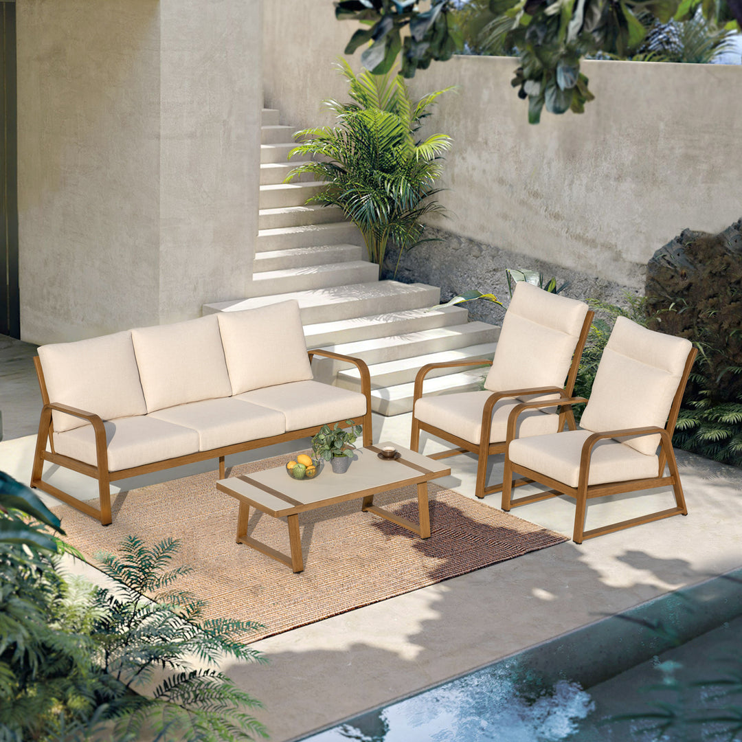 Patio Time 4-Piece Wood-Grain Aluminum Conversation Set with Cushions