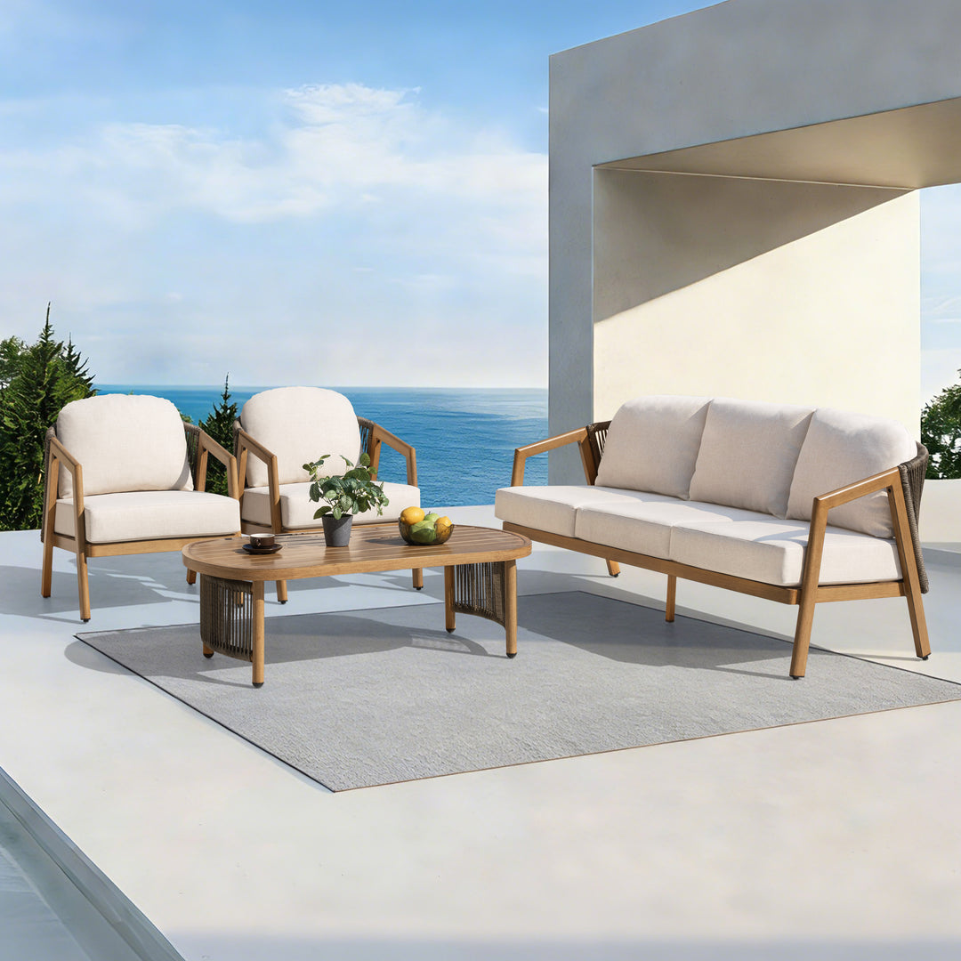 Patio Time 4-Piece Wood-Grain Aluminum & Wicker Conversation Furniture Set