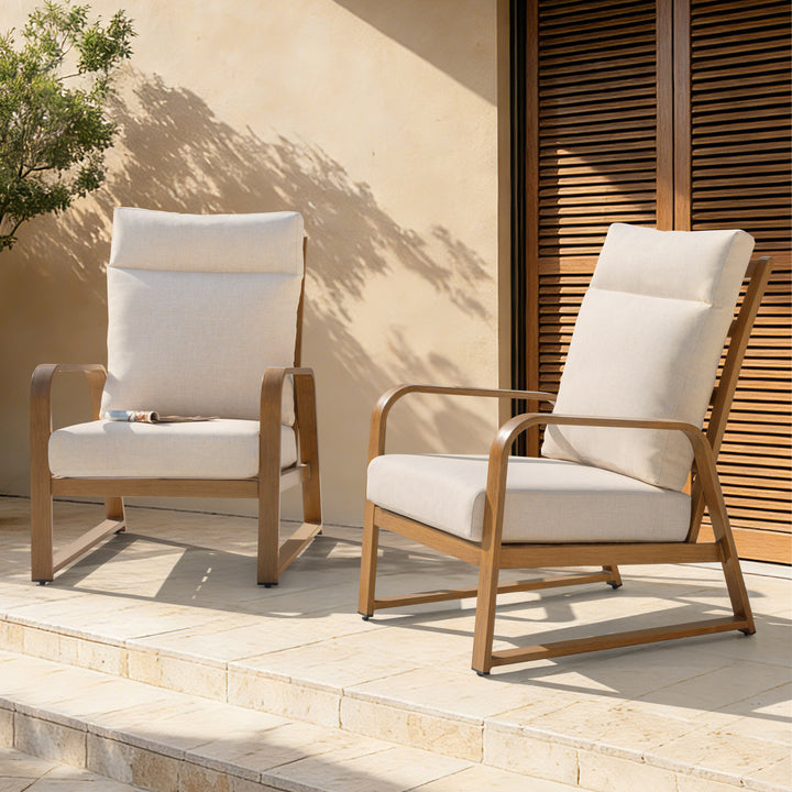 Patio Time Wood-Grain Aluminum High Back Patio Chair with Cushions Set of 2