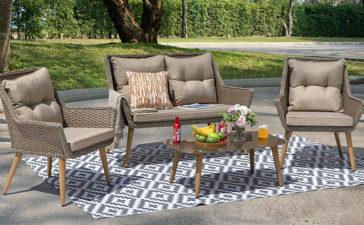 Outdoor 4-Piece Wicker Sofa Set, Brown Table and Wide Wicker Sofas with Brown Cushions, Ideal for Gatherings and Parties on Patio, Deck and Backyard, Brown