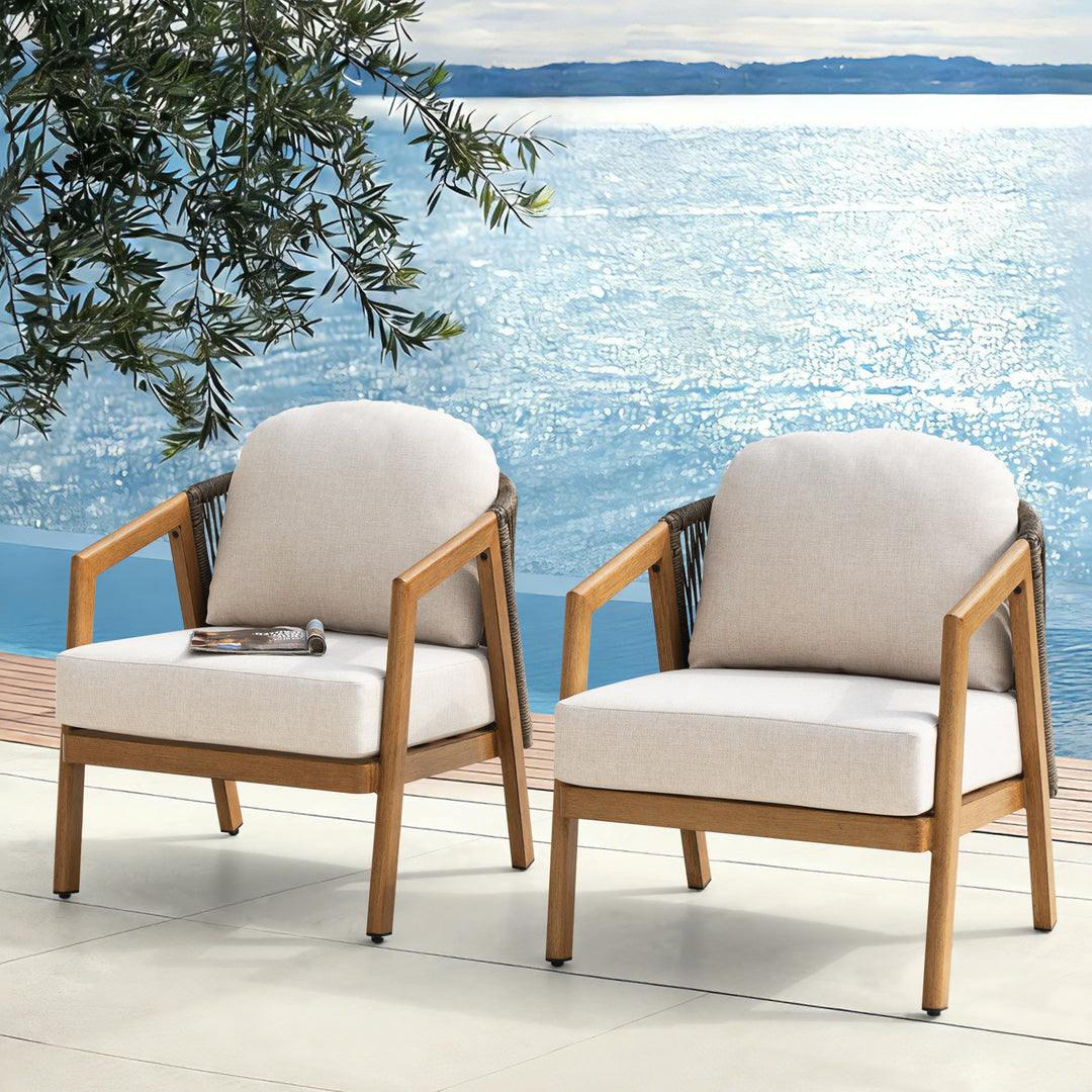 Patio Time Wood-Grain Aluminum & Wicker Patio Chairs with Cushions Set of 2