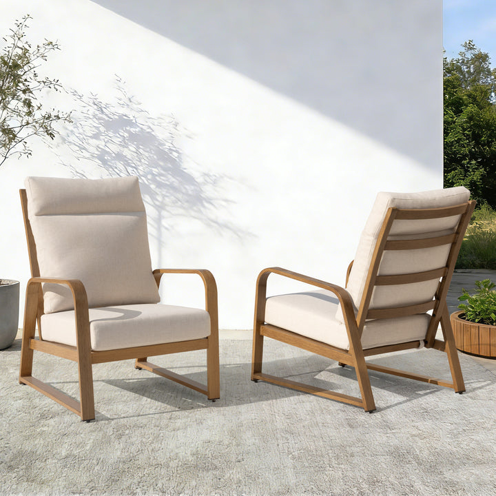 Patio Time Wood-Grain Aluminum High Back Patio Chair with Cushions Set of 2