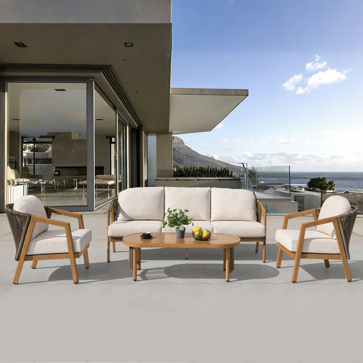 Patio Time 4-Piece Wood-Grain Aluminum & Wicker Conversation Furniture Set