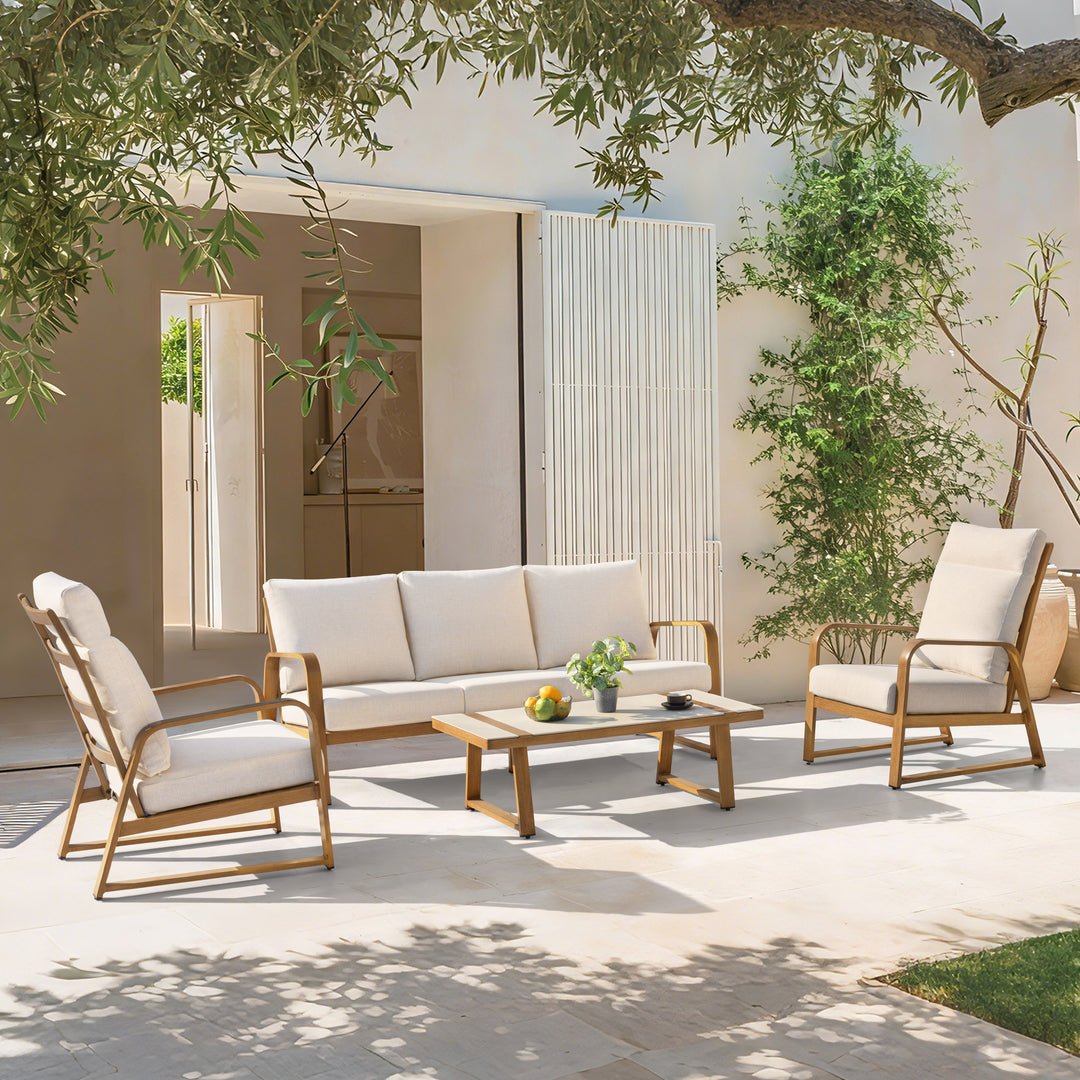 Patio Time 4-Piece Wood-Grain Aluminum Conversation Set with Cushions