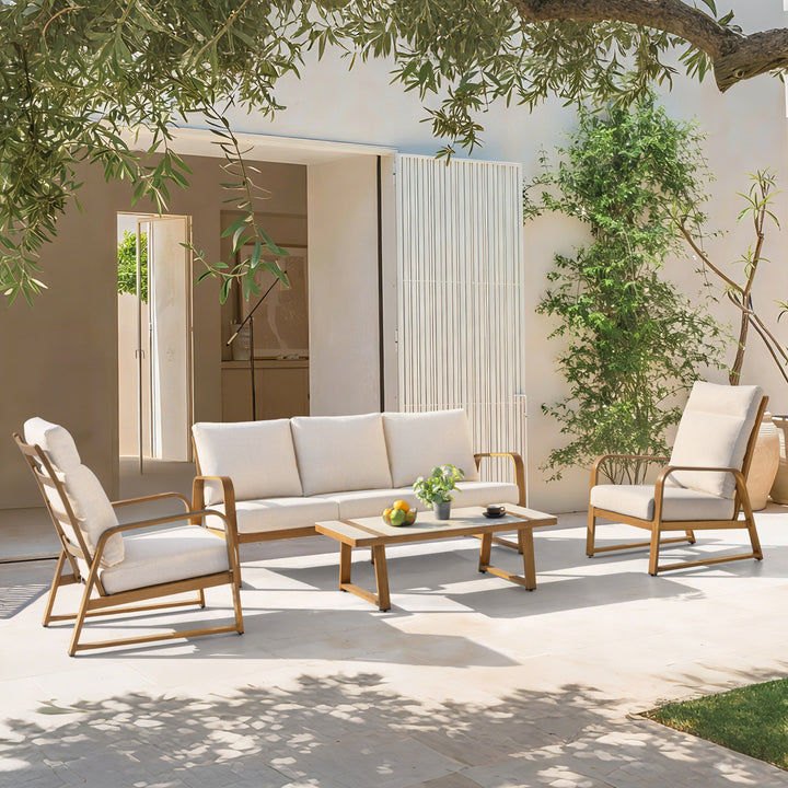 Patio Time 4-Piece Wood-Grain Aluminum Conversation Set with Cushions