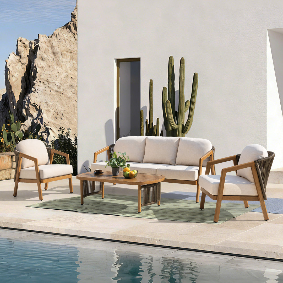 Patio Time 4-Piece Wood-Grain Aluminum & Wicker Conversation Furniture Set