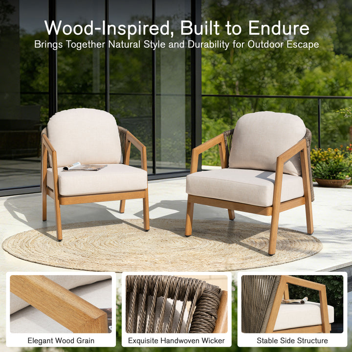 Patio Time Wood-Grain Aluminum & Wicker Patio Chairs with Cushions Set of 2