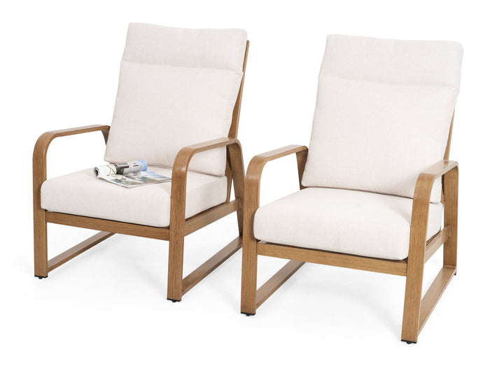 Patio Time Wood-Grain Aluminum High Back Patio Chair with Cushions Set of 2