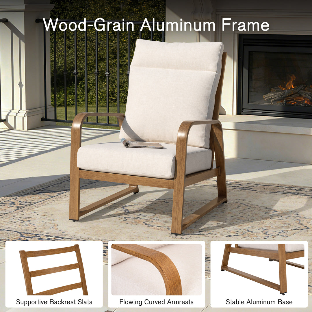 Patio Time Wood-Grain Aluminum High Back Patio Chair with Cushions Set of 2