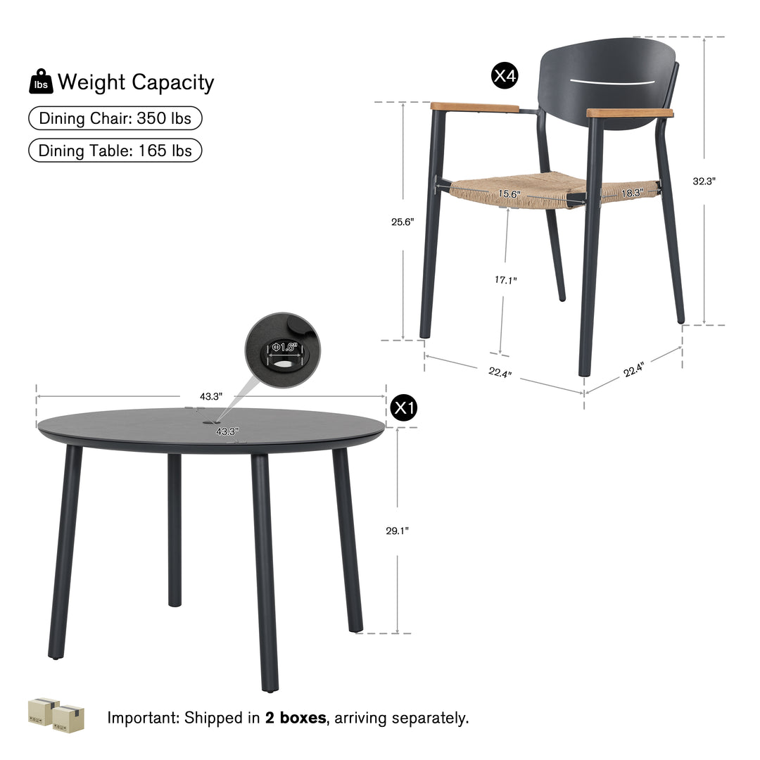 Outdoor 5-Piece Aluminum Dining Set, with 43” Round Table for 4 People