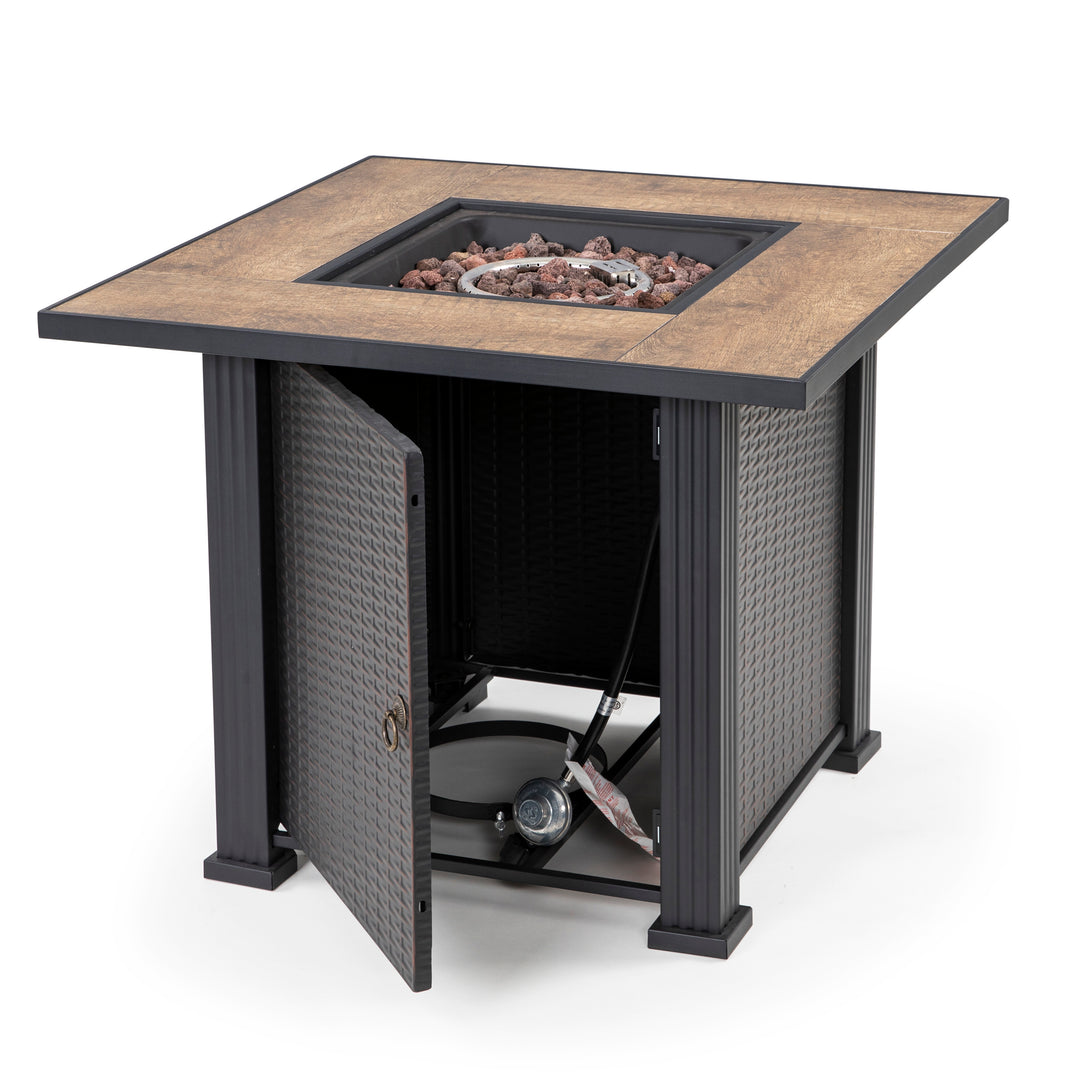 Outdoor 30 Inch 40,000 BTU Propane Gas Cabinet Square Fire Pit Table, Ceramic Tabletop and Wicker-like Iron Frame, with Lid and Lava Rocks for Balcony, Patio, Garden, Party, Brown