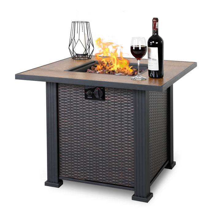 Outdoor 30 Inch 40,000 BTU Propane Gas Cabinet Square Fire Pit Table, Ceramic Tabletop and Wicker-like Iron Frame, with Lid and Lava Rocks for Balcony, Patio, Garden, Party, Brown