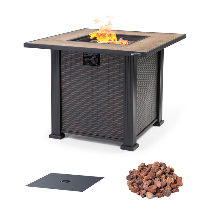 Outdoor 30 Inch 40,000 BTU Propane Gas Cabinet Square Fire Pit Table, Ceramic Tabletop and Wicker-like Iron Frame, with Lid and Lava Rocks for Balcony, Patio, Garden, Party, Brown