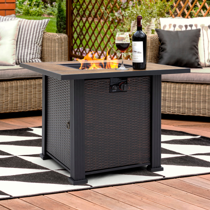 Outdoor 30 Inch 40,000 BTU Propane Gas Cabinet Square Fire Pit Table, Ceramic Tabletop and Wicker-like Iron Frame, with Lid and Lava Rocks for Balcony, Patio, Garden, Party, Brown