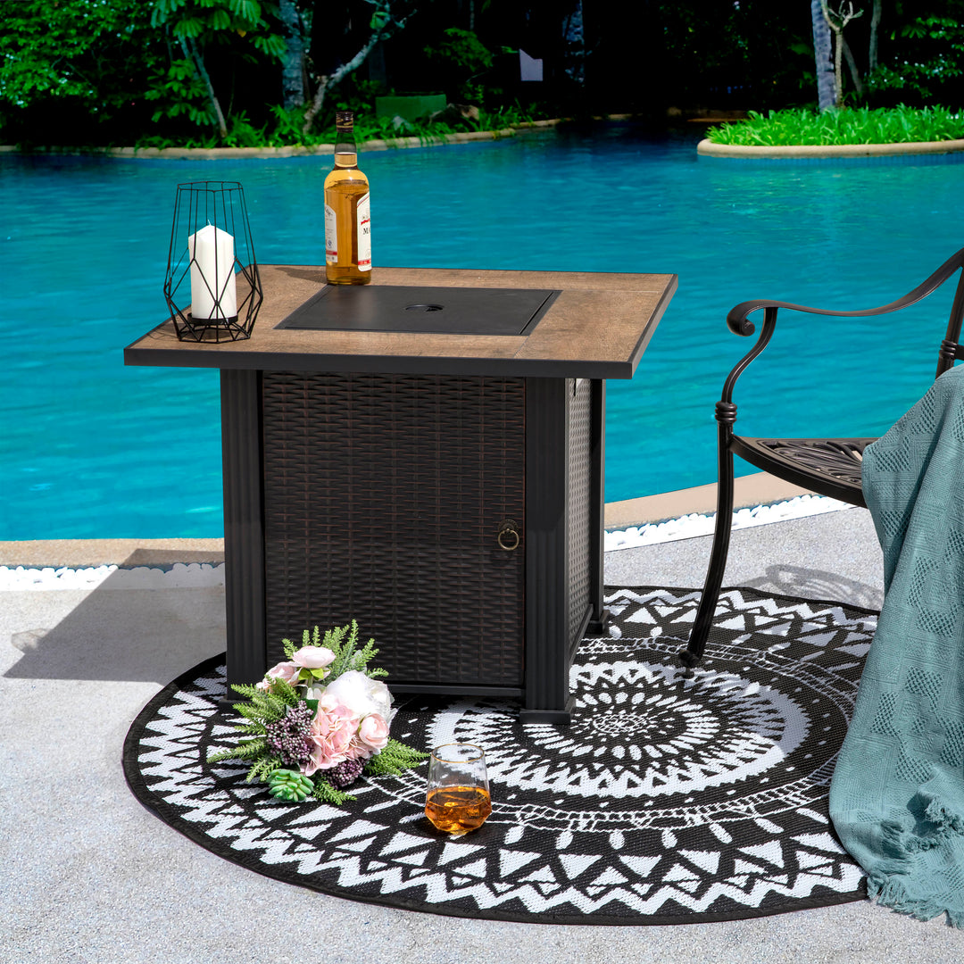 Outdoor 30 Inch 40,000 BTU Propane Gas Cabinet Square Fire Pit Table, Ceramic Tabletop and Wicker-like Iron Frame, with Lid and Lava Rocks for Balcony, Patio, Garden, Party, Brown