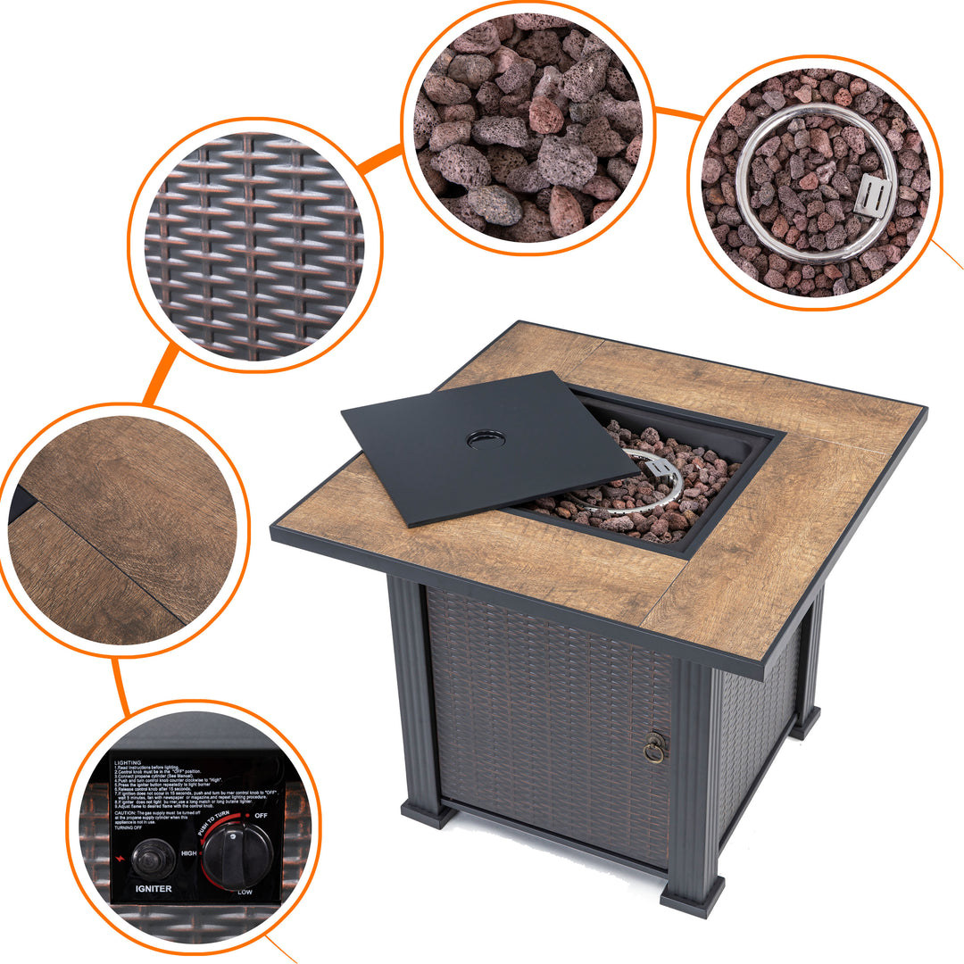 Outdoor 30 Inch 40,000 BTU Propane Gas Cabinet Square Fire Pit Table, Ceramic Tabletop and Wicker-like Iron Frame, with Lid and Lava Rocks for Balcony, Patio, Garden, Party, Brown