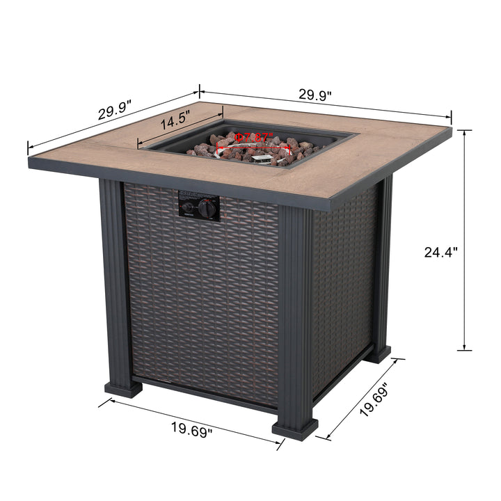 Outdoor 30 Inch 40,000 BTU Propane Gas Cabinet Square Fire Pit Table, Ceramic Tabletop and Wicker-like Iron Frame, with Lid and Lava Rocks for Balcony, Patio, Garden, Party, Brown