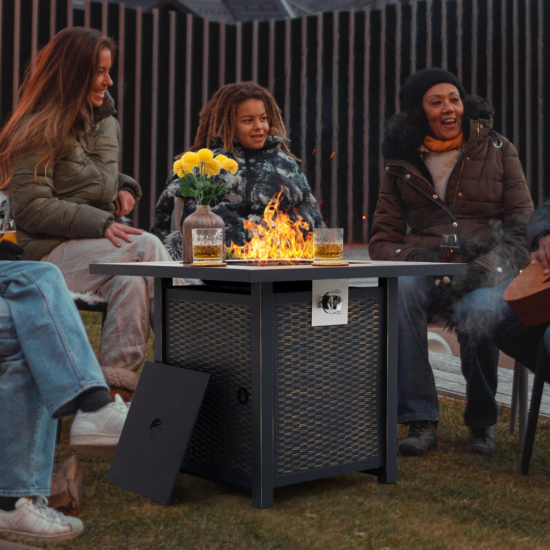 30’’ Patio Fire Pit Table Propane Gas Fire Pit for Outside Patio, Outdoor Fire Pit Table 50,000 BTU Gas Fire Pit with Lid and Lava Rocks, Ceramic Tile Tabletop, Black with Gold-Painted Edge